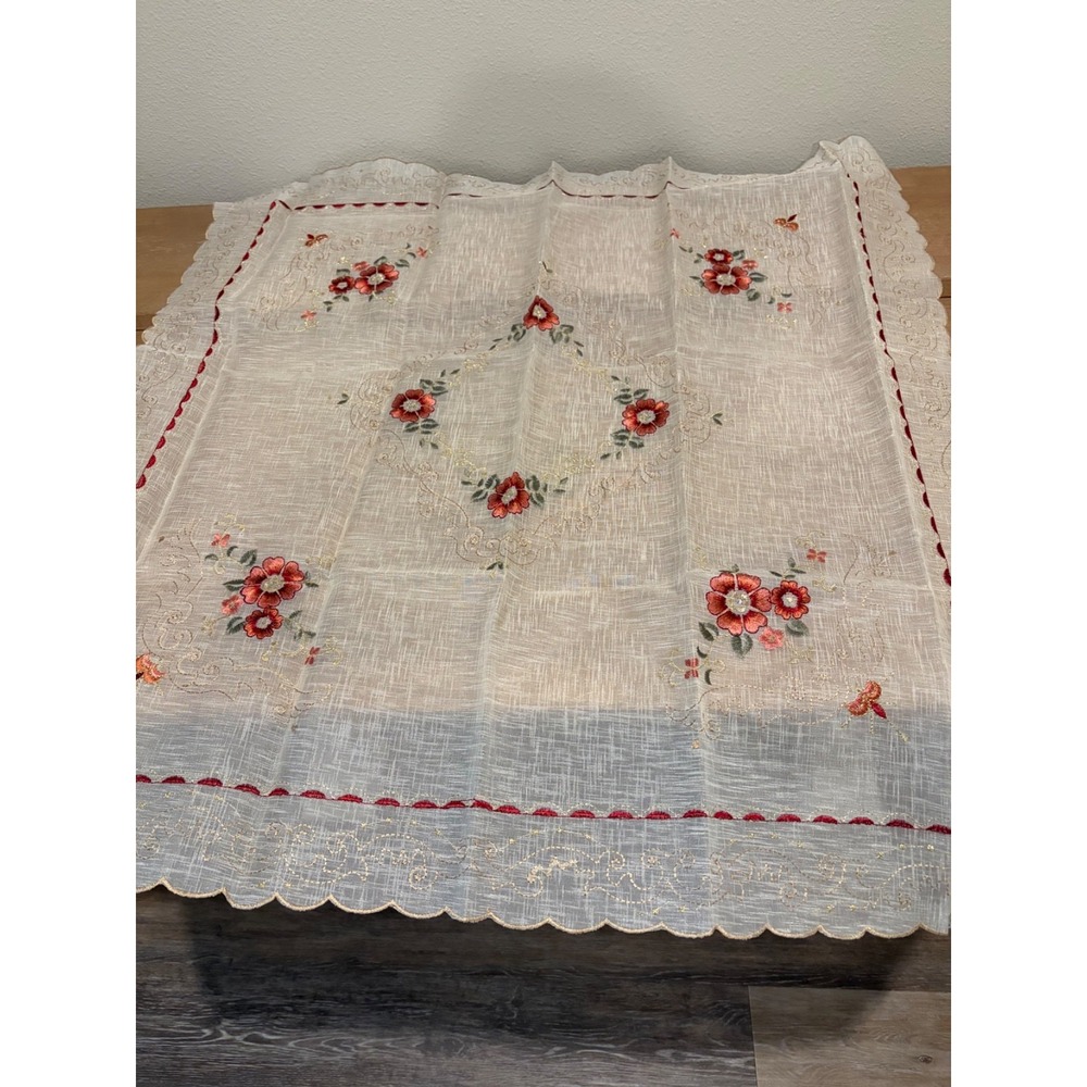 Metallic Gold Embroidered Tablecloth~33" Sq~Orange Flowers Ivory Organza Tassels